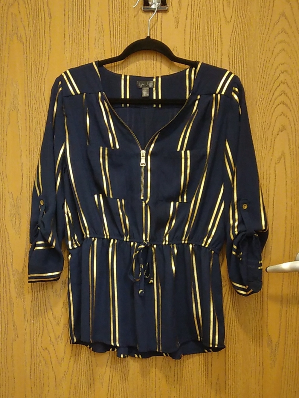 J for Justify Navy Top with Metallic Gold Stripes with Zipper Neckline